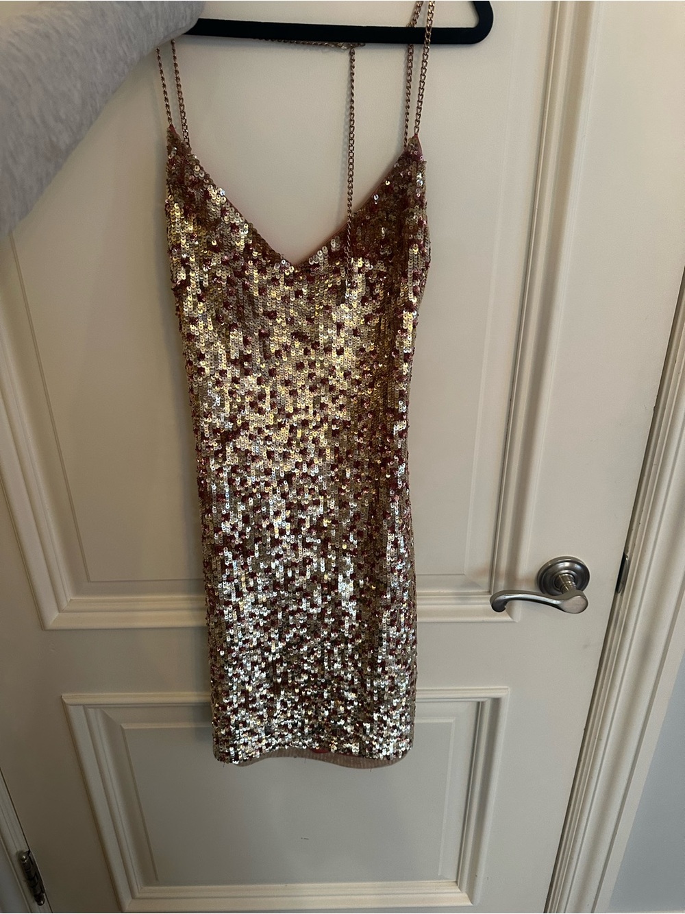 Gold Sequin Slip Dress with Chain Straps
